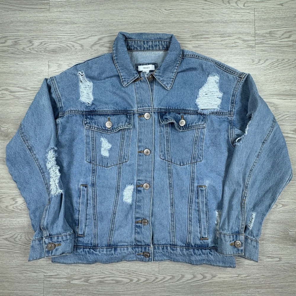Forever 21 Women's Denim Jacket Distressed‎ Ripped Trucker Blue Small